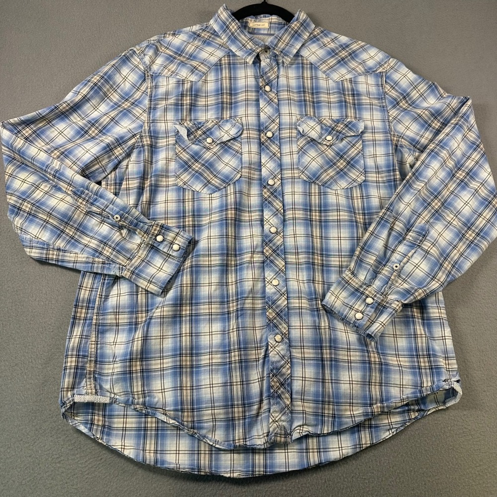 American Eagle Outfitters Mens Blue Plaid Western Pearl Snap Shirt Large L